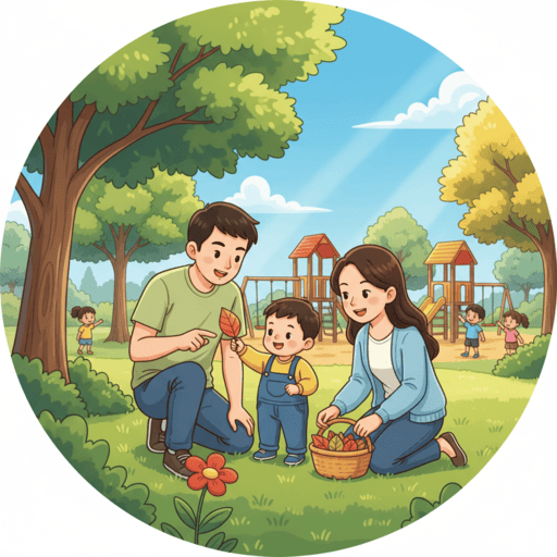 亲子在公园进行自然探索