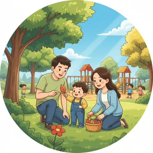 亲子在公园进行自然探索